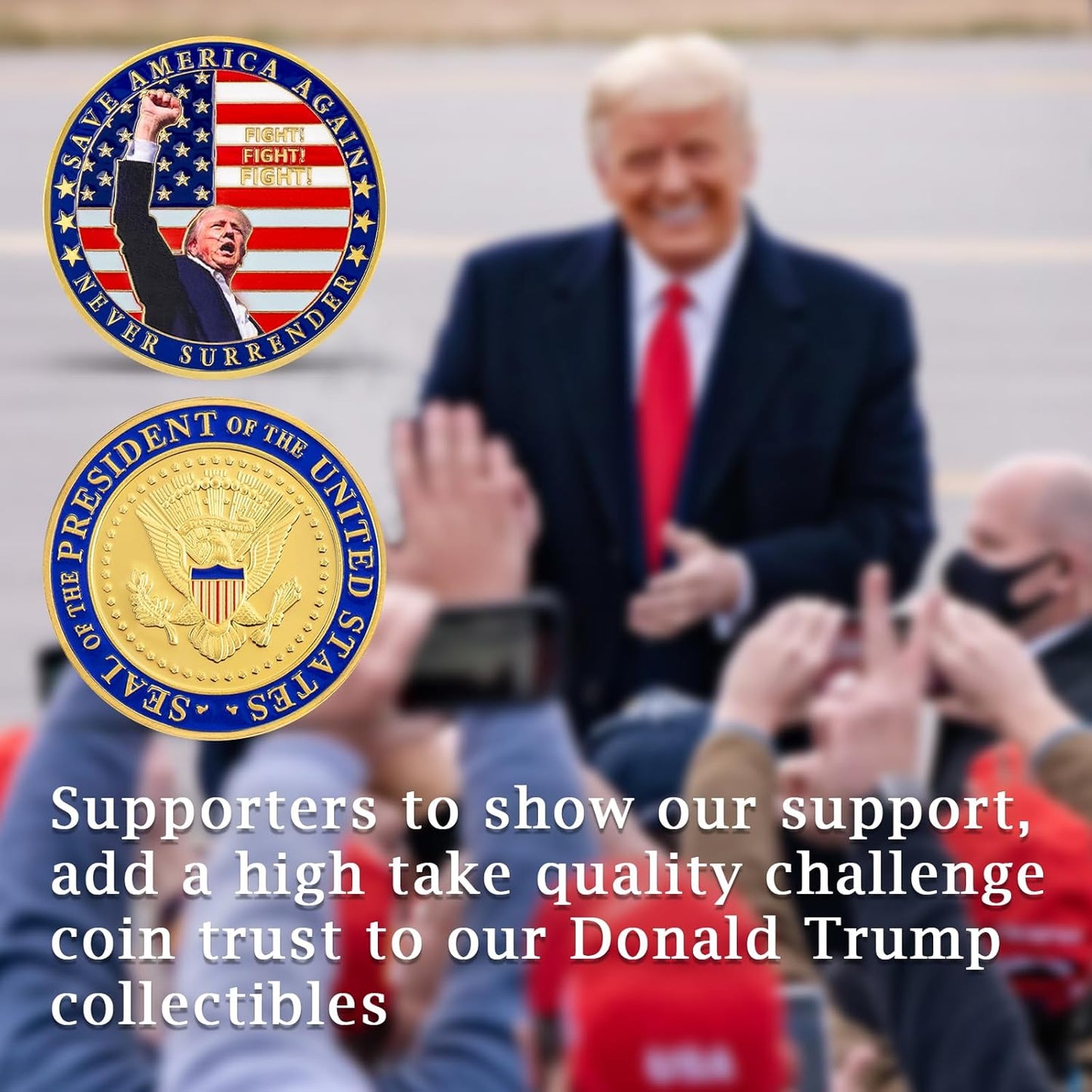 Never Surrender - Donald Trump Challenge Coin, Limited Edition Collectible