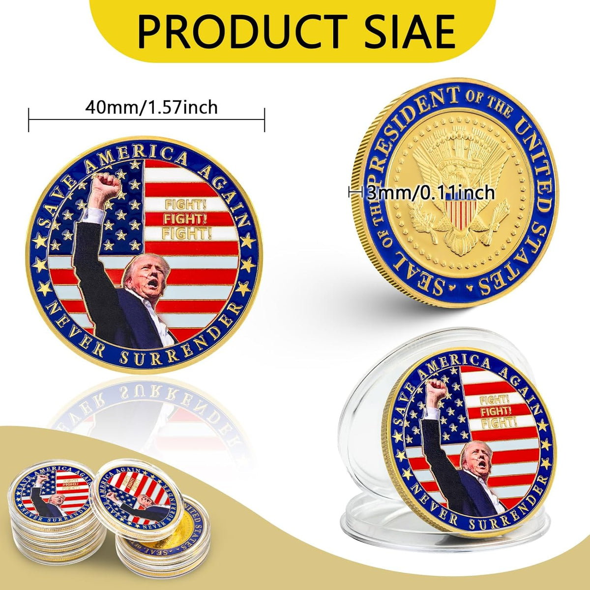 Never Surrender - Donald Trump Challenge Coin, Limited Edition Collectible